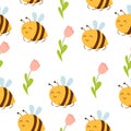 Seamless pattern with bees and pink flowers. Simple flat cartoon style. Cute and funny. Summer and spring. Easter holiday decorati